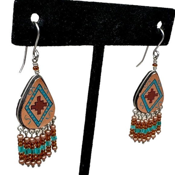 Handmade Beaded Southwest Native American Wired Ceramic Drop Earrings - Picture 2 of 4